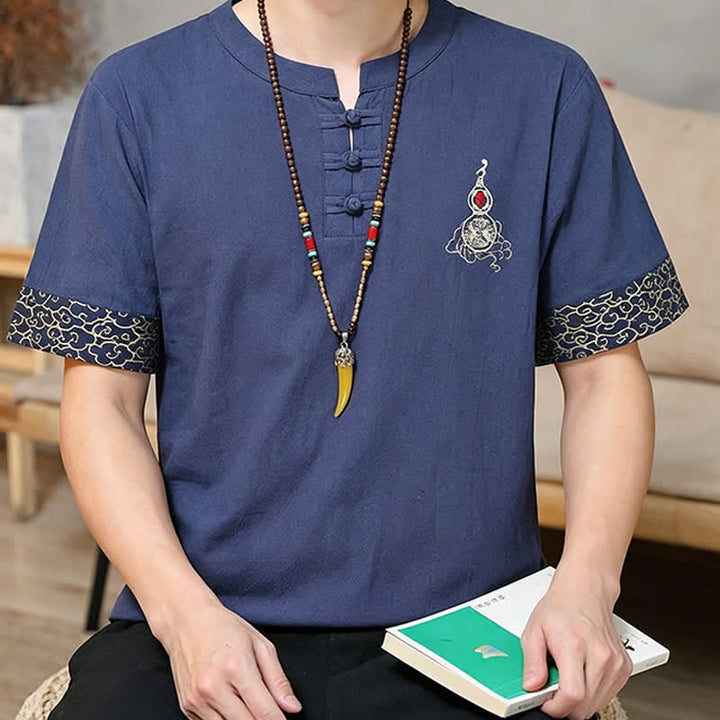 Buddha Stones Chemises à manches courtes pour hommes, style Tang, avec broderie grenouille et motif gourde, couleur unie - image 4