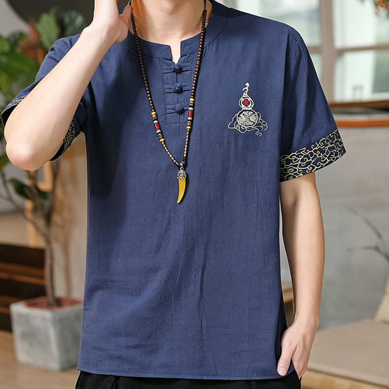 Buddha Stones Chemises à manches courtes pour hommes, style Tang, avec broderie grenouille et motif gourde, couleur unie - image 2