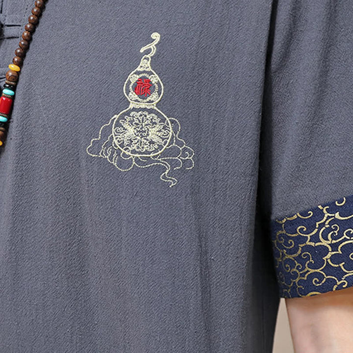 Buddha Stones Chemises à manches courtes pour hommes, style Tang, avec broderie grenouille et motif gourde, couleur unie - image 19
