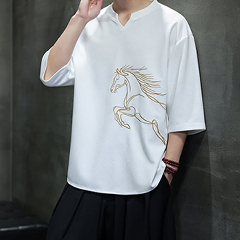 Buddha Stones T-shirts à manches courtes pour hommes, en coton, avec broderie minimaliste et décontractée, motif cheval, style été. - image 2