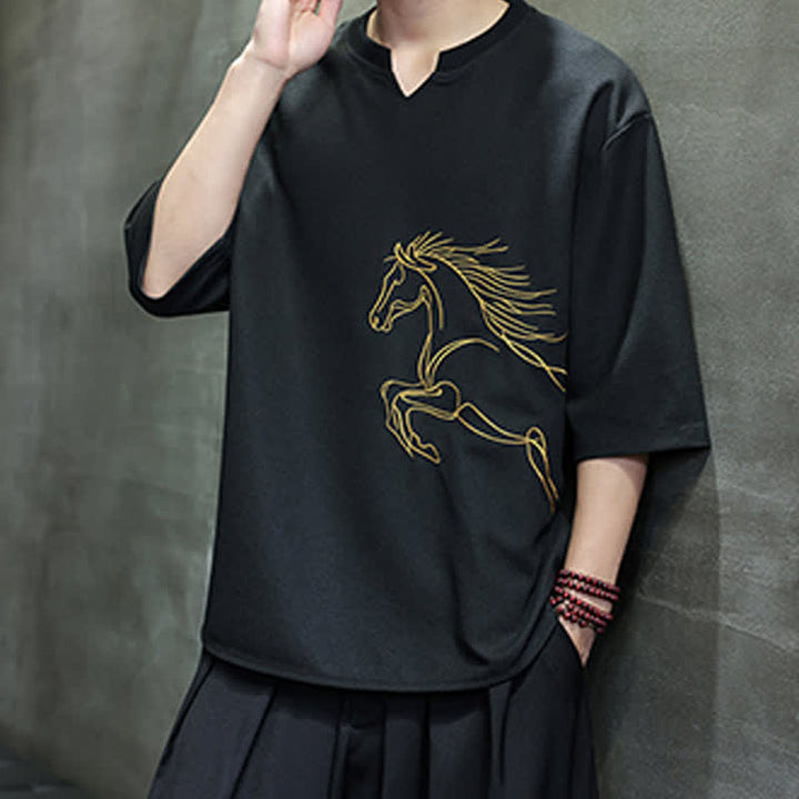 Buddha Stones T-shirts à manches courtes pour hommes, en coton, avec broderie minimaliste et décontractée, motif cheval, style été. - image 13