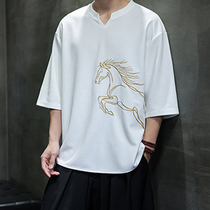 Buddha Stones T-shirts à manches courtes pour hommes, en coton, avec broderie minimaliste et décontractée, motif cheval, style été. - image 7