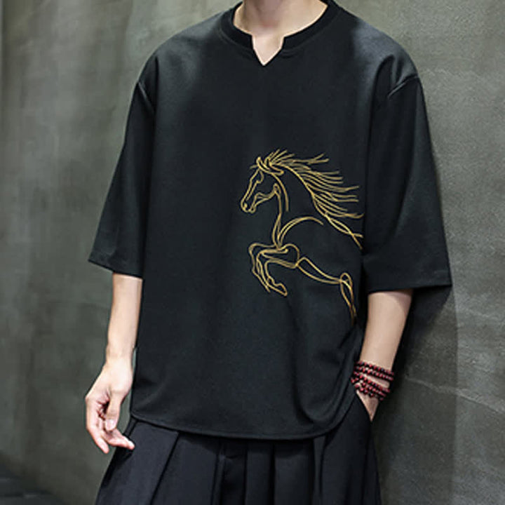 Buddha Stones T-shirts à manches courtes pour hommes, en coton, avec broderie minimaliste et décontractée, motif cheval, style été. - image 12