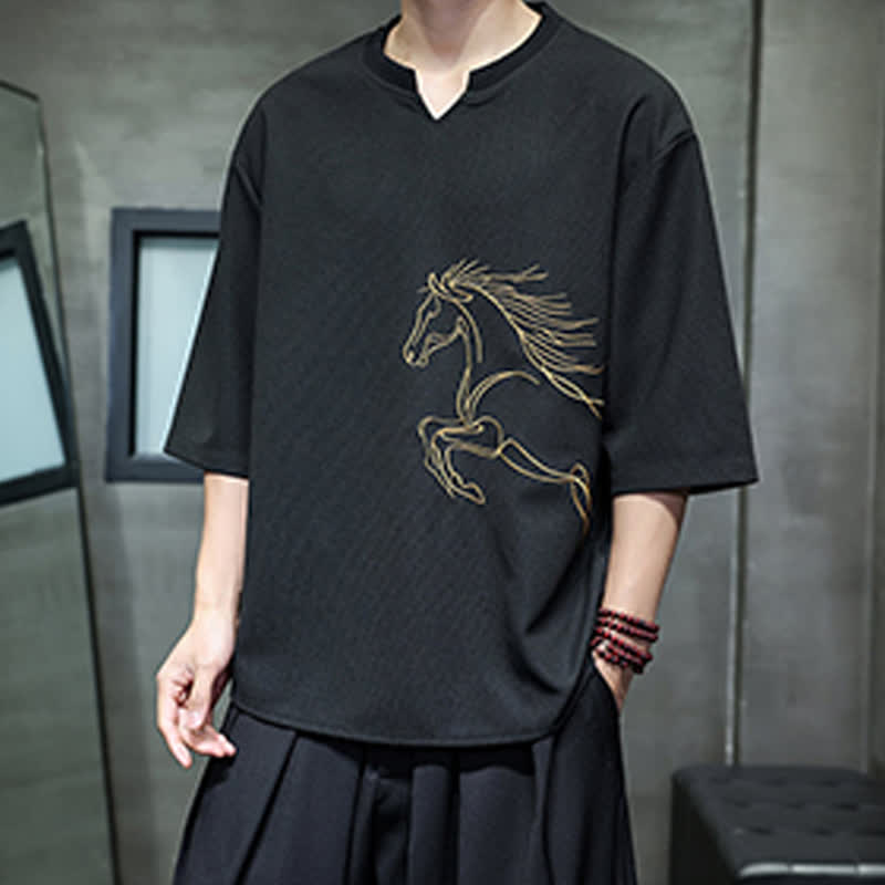 Buddha Stones T-shirts à manches courtes pour hommes, en coton, avec broderie minimaliste et décontractée, motif cheval, style été. - image 14