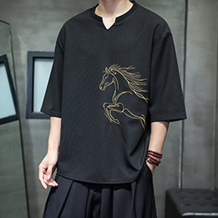 Buddha Stones T-shirts à manches courtes pour hommes, en coton, avec broderie minimaliste et décontractée, motif cheval, style été. - image 14