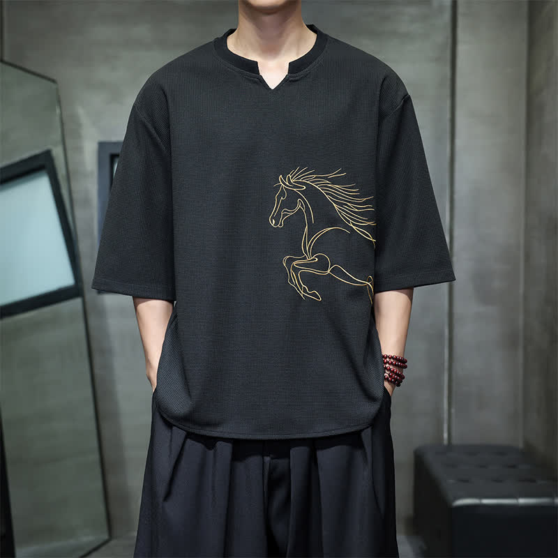 Buddha Stones T-shirts à manches courtes pour hommes, en coton, avec broderie minimaliste et décontractée, motif cheval, style été. - Noir - US/UK/AU46，EU56 (5XL) - image 8