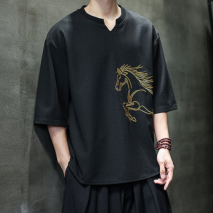 Buddha Stones T-shirts à manches courtes pour hommes, en coton, avec broderie minimaliste et décontractée, motif cheval, style été. - image 15