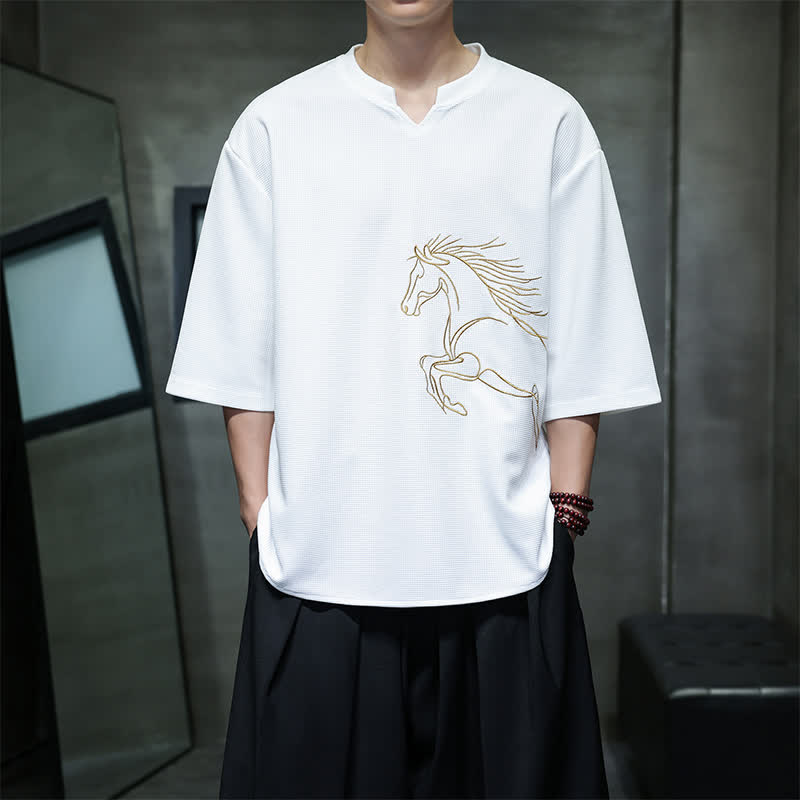 Buddha Stones T-shirts à manches courtes pour hommes, en coton, avec broderie minimaliste et décontractée, motif cheval, style été. - Blanc - US/UK/AU46，EU56 (5XL) - image 0