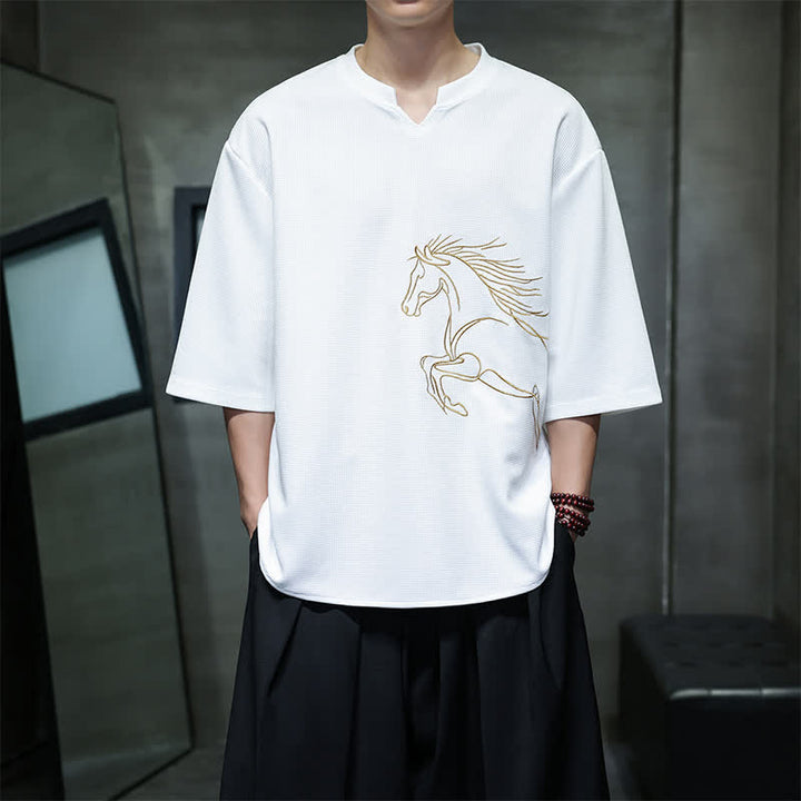 Buddha Stones T-shirts à manches courtes pour hommes, en coton, avec broderie minimaliste et décontractée, motif cheval, style été. - Blanc - US/UK/AU46，EU56 (5XL) - image 0