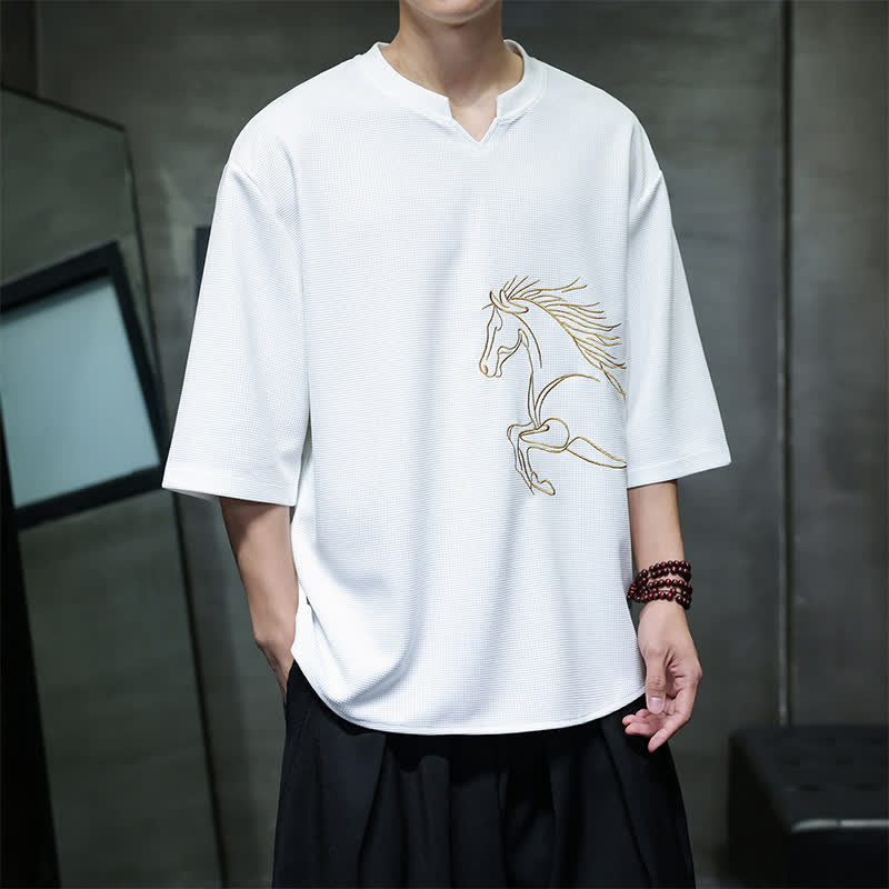 Buddha Stones T-shirts à manches courtes pour hommes, en coton, avec broderie minimaliste et décontractée, motif cheval, style été. - image 1