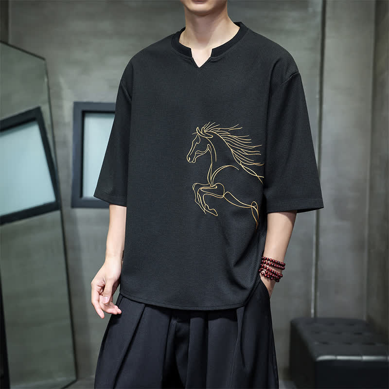 Buddha Stones T-shirts à manches courtes pour hommes, en coton, avec broderie minimaliste et décontractée, motif cheval, style été. - image 9