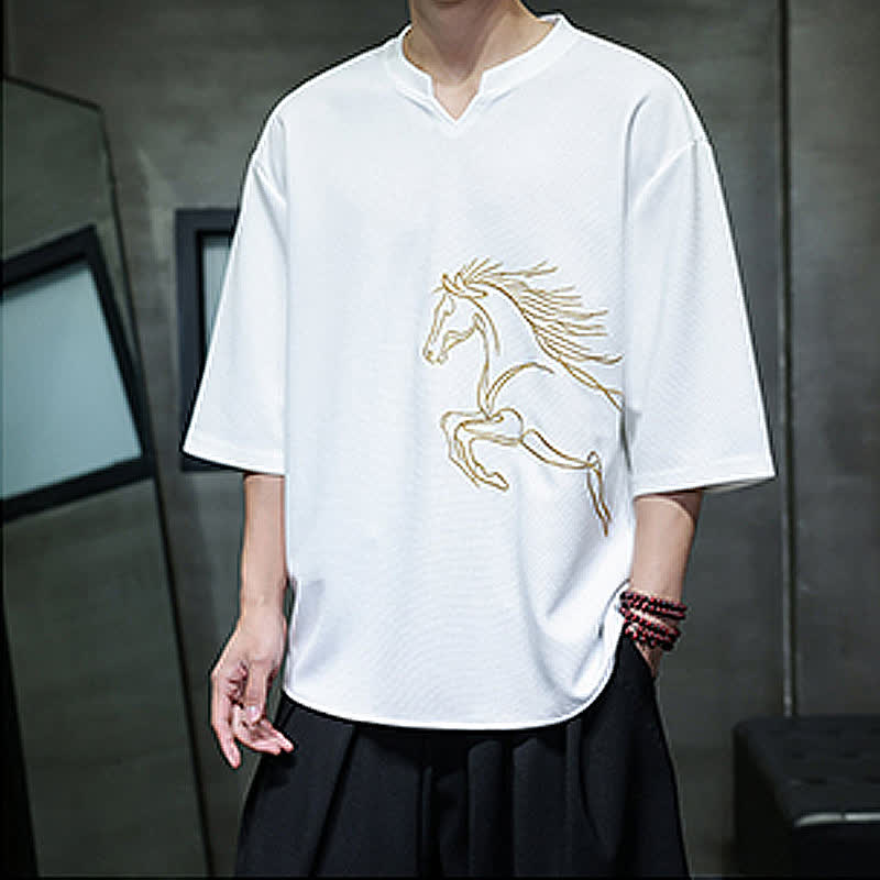 Buddha Stones T-shirts à manches courtes pour hommes, en coton, avec broderie minimaliste et décontractée, motif cheval, style été. - image 5