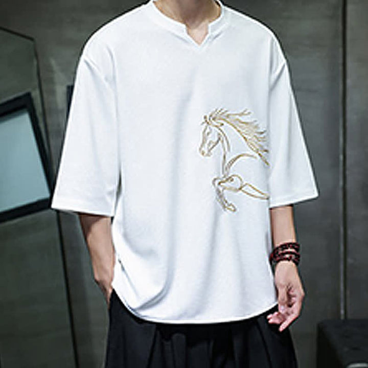 Buddha Stones T-shirts à manches courtes pour hommes, en coton, avec broderie minimaliste et décontractée, motif cheval, style été. - image 4