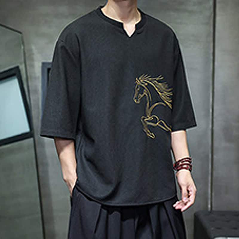 Buddha Stones T-shirts à manches courtes pour hommes, en coton, avec broderie minimaliste et décontractée, motif cheval, style été. - image 10