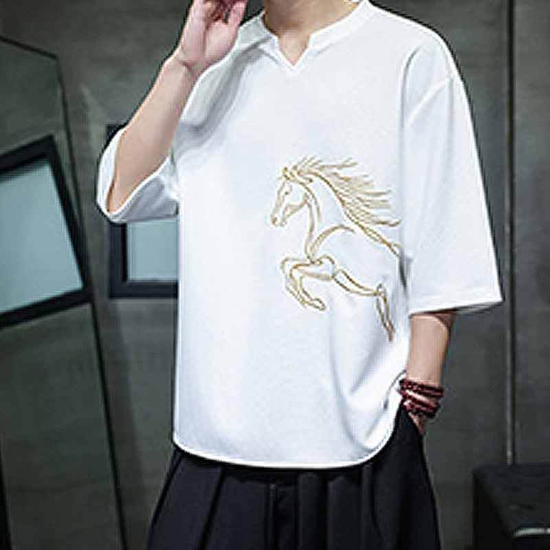Buddha Stones T-shirts à manches courtes pour hommes, en coton, avec broderie minimaliste et décontractée, motif cheval, style été. - image 6