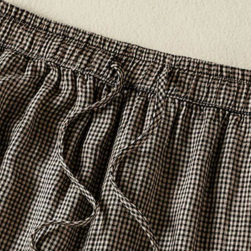 Buddha Stones Pantalon d'été décontracté en lin à carreaux avec cordon de serrage et jambes larges, à la cheville, avec poches. - image 5