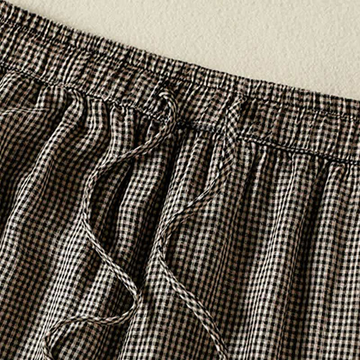 Buddha Stones Pantalon d'été décontracté en lin à carreaux avec cordon de serrage et jambes larges, à la cheville, avec poches. - image 5
