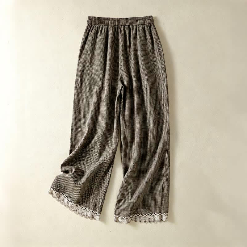 Buddha Stones Pantalon d'été décontracté en lin à carreaux avec cordon de serrage et jambes larges, à la cheville, avec poches. - image 1