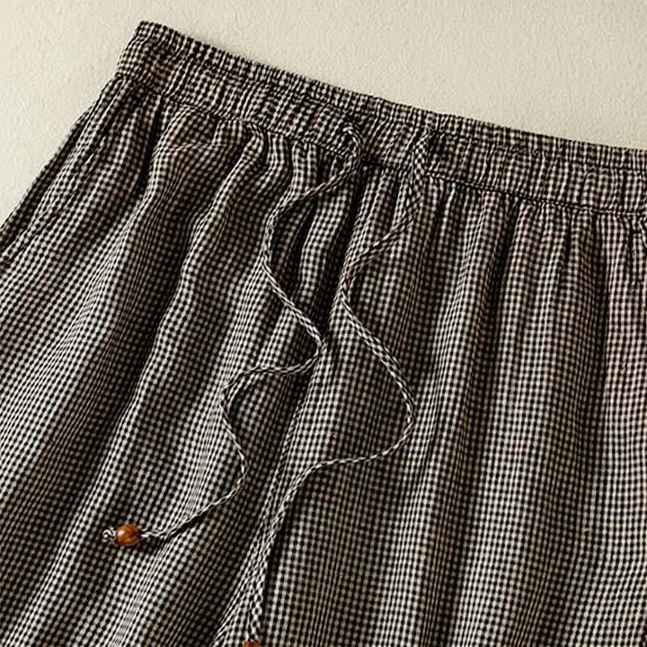 Buddha Stones Pantalon d'été décontracté en lin à carreaux avec cordon de serrage et jambes larges, à la cheville, avec poches. - image 3