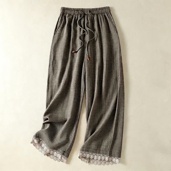 Buddha Stones Pantalon d'été décontracté en lin à carreaux avec cordon de serrage et jambes larges, à la cheville, avec poches. - Gris - US8-10, UK/AU12-14, EU40-42 (2XL) - image 0