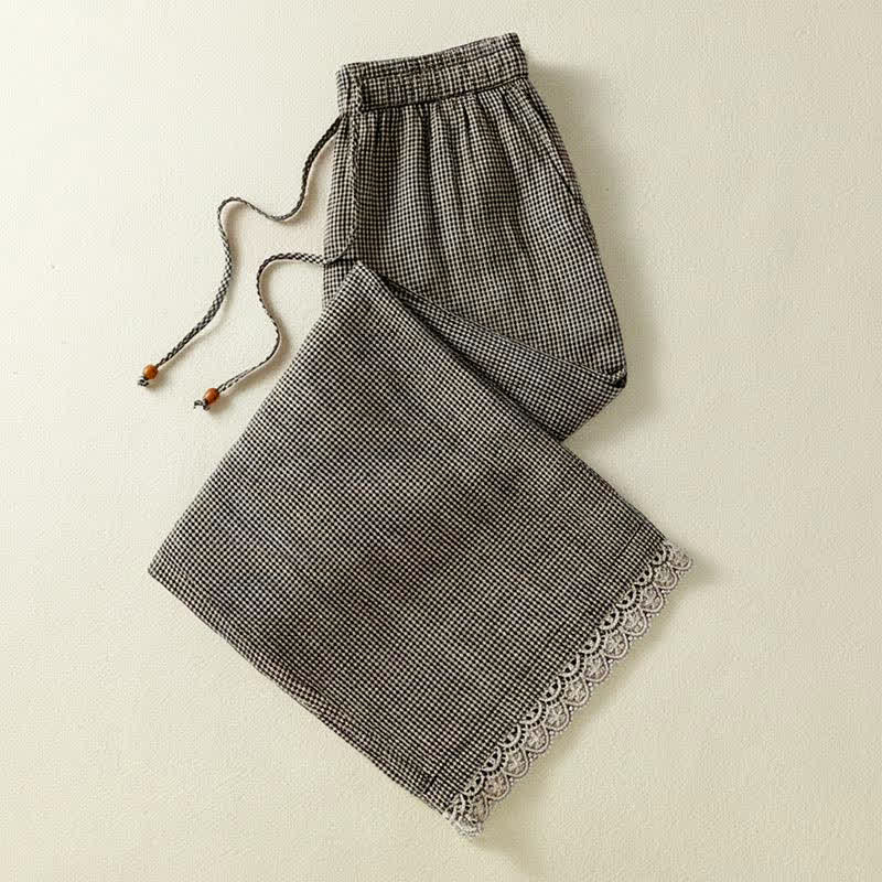 Buddha Stones Pantalon d'été décontracté en lin à carreaux avec cordon de serrage et jambes larges, à la cheville, avec poches. - image 2