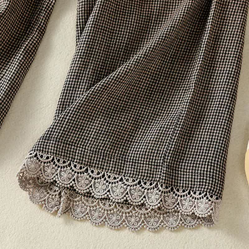Buddha Stones Pantalon d'été décontracté en lin à carreaux avec cordon de serrage et jambes larges, à la cheville, avec poches. - image 11