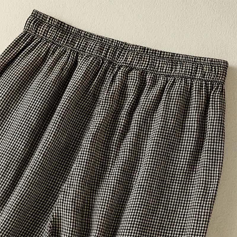 Buddha Stones Pantalon d'été décontracté en lin à carreaux avec cordon de serrage et jambes larges, à la cheville, avec poches. - image 10