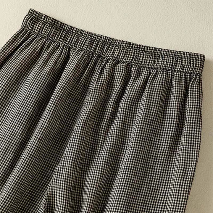 Buddha Stones Pantalon d'été décontracté en lin à carreaux avec cordon de serrage et jambes larges, à la cheville, avec poches. - image 10