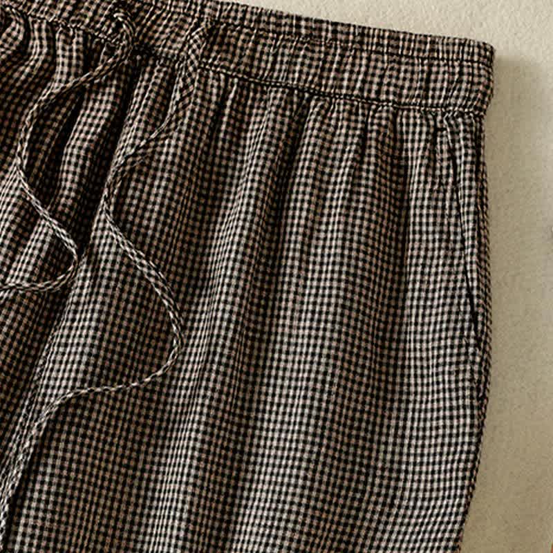 Buddha Stones Pantalon d'été décontracté en lin à carreaux avec cordon de serrage et jambes larges, à la cheville, avec poches. - image 7