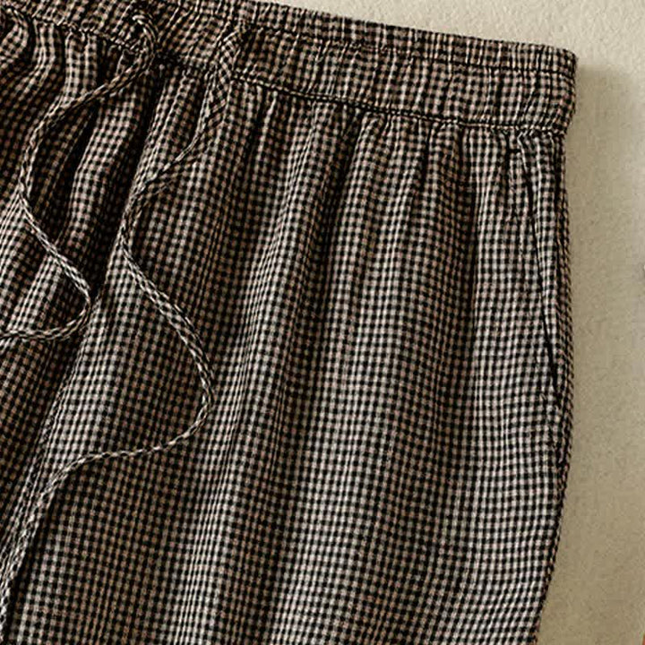 Buddha Stones Pantalon d'été décontracté en lin à carreaux avec cordon de serrage et jambes larges, à la cheville, avec poches. - image 7