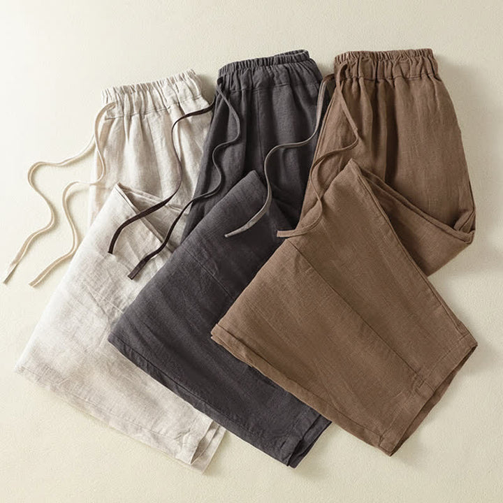 Buddha Stones Pantalon d'été décontracté en lin uni à cordon de serrage et jambes larges avec poches, longueur cheville. - image 23