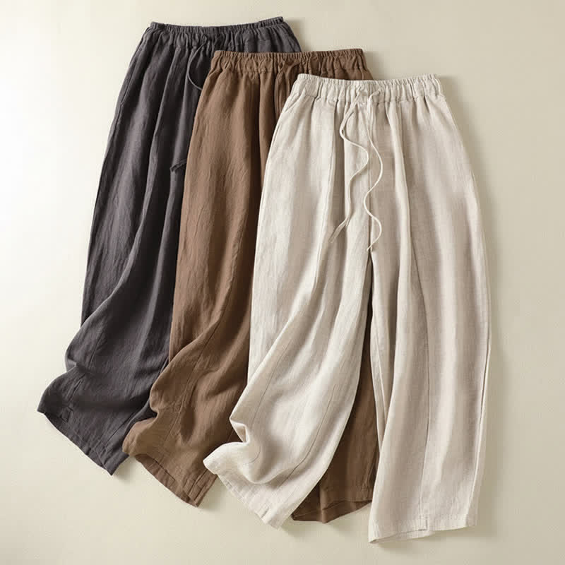 Buddha Stones Pantalon d'été décontracté en lin uni à cordon de serrage et jambes larges avec poches, longueur cheville. - image 22