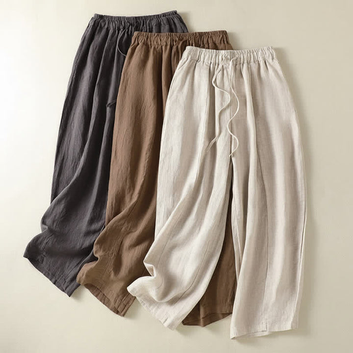Buddha Stones Pantalon d'été décontracté en lin uni à cordon de serrage et jambes larges avec poches, longueur cheville. - image 22
