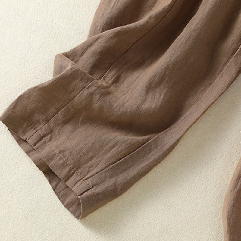 Buddha Stones Pantalon d'été décontracté en lin uni à cordon de serrage et jambes larges avec poches, longueur cheville. - image 6