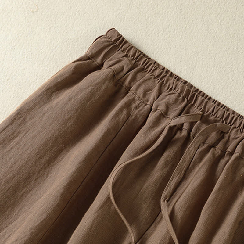 Buddha Stones Pantalon d'été décontracté en lin uni à cordon de serrage et jambes larges avec poches, longueur cheville. - image 3