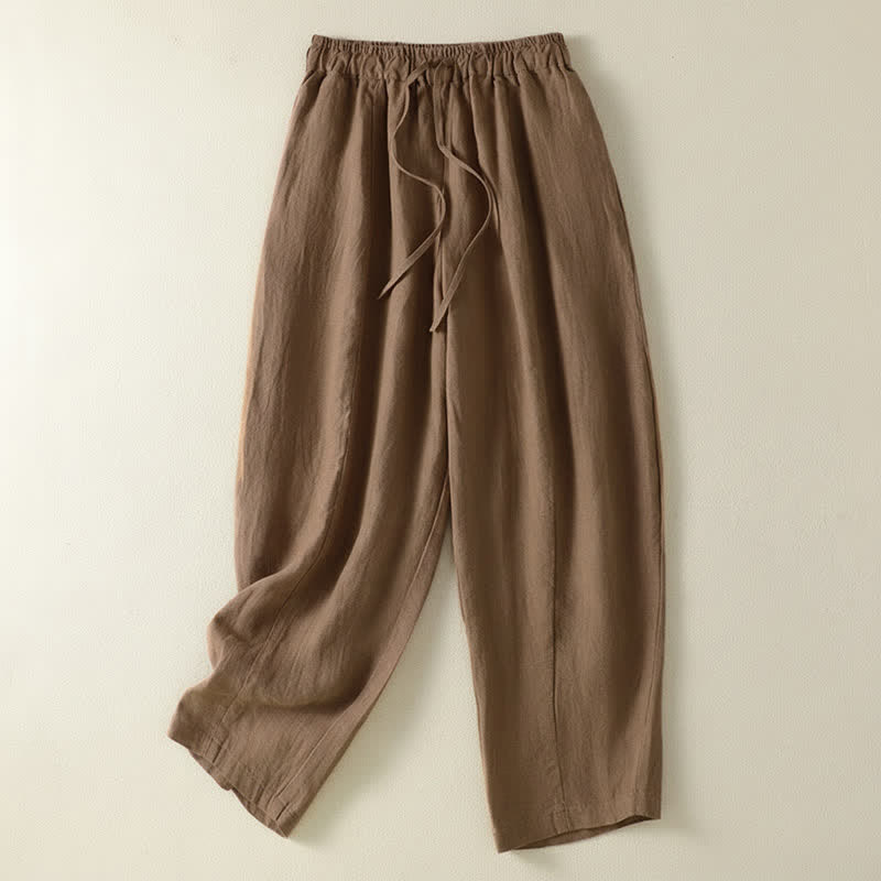 Buddha Stones Pantalon d'été décontracté en lin uni à cordon de serrage et jambes larges avec poches, longueur cheville. - Terre de sienne - US8-10, UK/AU12-14, EU40-42 (2XL) - image 0