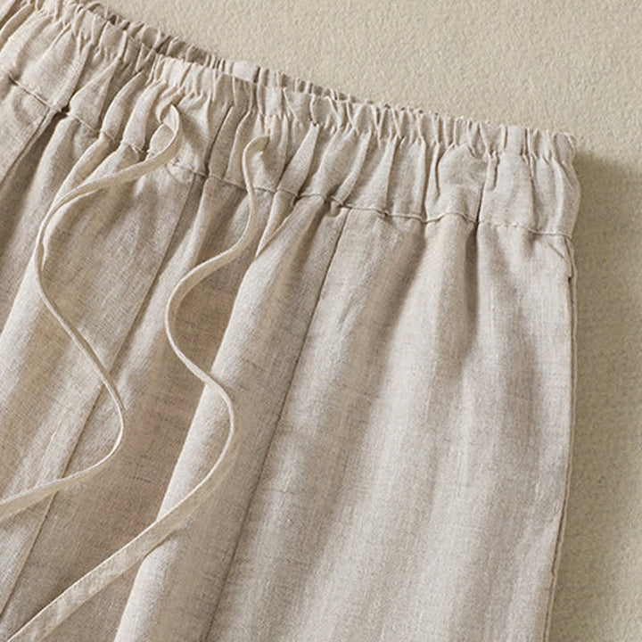 Buddha Stones Pantalon d'été décontracté en lin uni à cordon de serrage et jambes larges avec poches, longueur cheville. - image 10