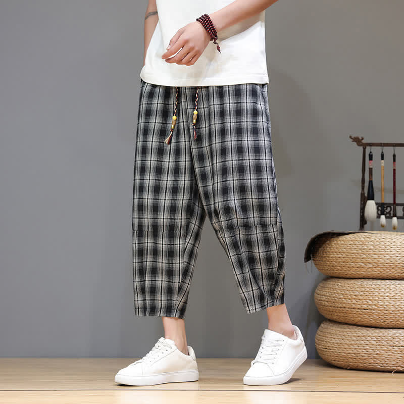 Buddha Stones Pantalon Capri à carreaux décontracté d'été avec cordon de serrage et poches pour homme - Noir - US/UK/AU46, EU56 (5XL) - image 8