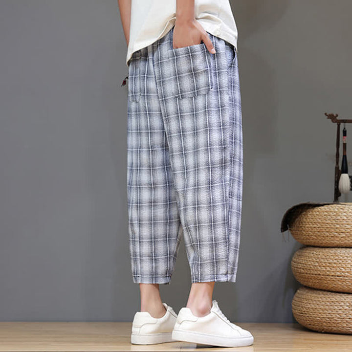 Buddha Stones Pantalon Capri à carreaux décontracté d'été avec cordon de serrage et poches pour homme - image 2