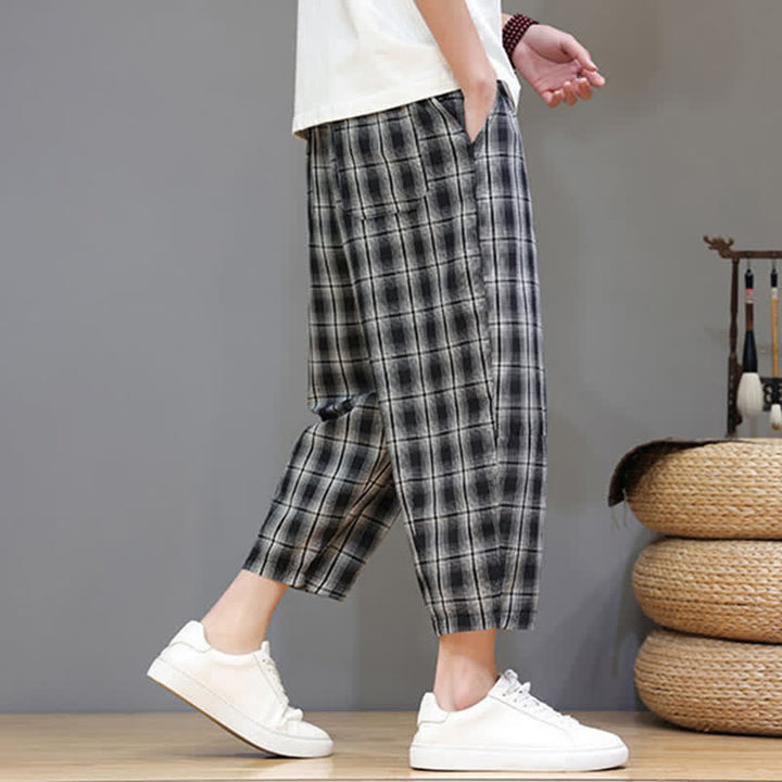 Buddha Stones Pantalon Capri à carreaux décontracté d'été avec cordon de serrage et poches pour homme - image 13
