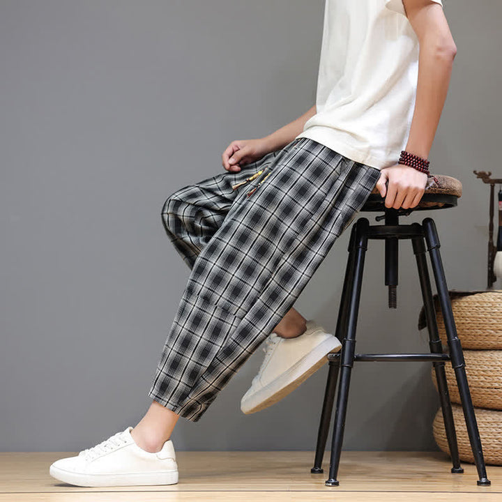 Buddha Stones Pantalon Capri à carreaux décontracté d'été avec cordon de serrage et poches pour homme - image 15