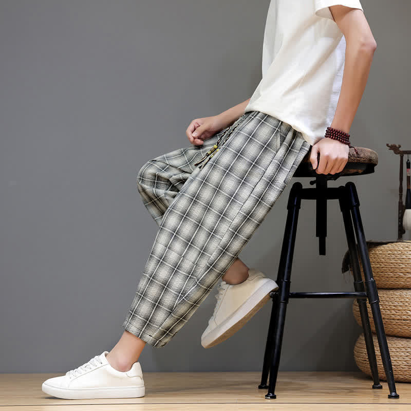 Buddha Stones Pantalon Capri à carreaux décontracté d'été avec cordon de serrage et poches pour homme - image 27