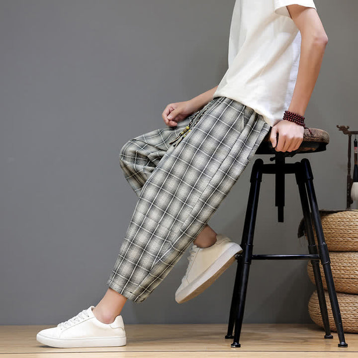 Buddha Stones Pantalon Capri à carreaux décontracté d'été avec cordon de serrage et poches pour homme - image 27