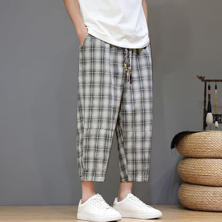 Buddha Stones Pantalon Capri à carreaux décontracté d'été avec cordon de serrage et poches pour homme - image 21