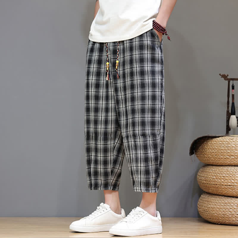 Buddha Stones Pantalon Capri à carreaux décontracté d'été avec cordon de serrage et poches pour homme - image 11