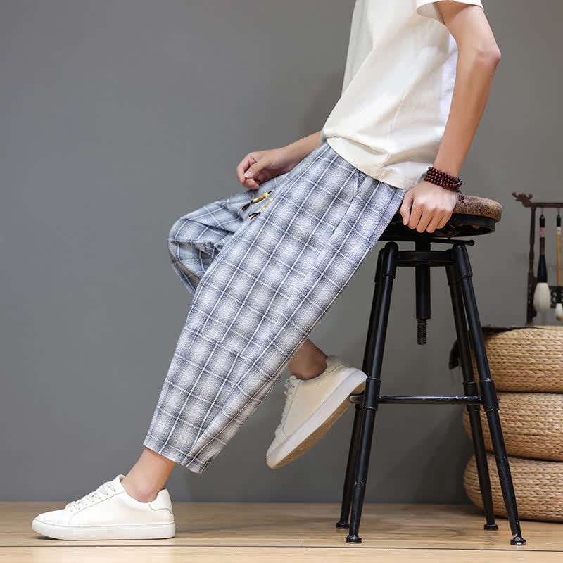 Buddha Stones Pantalon Capri à carreaux décontracté d'été avec cordon de serrage et poches pour homme - image 7