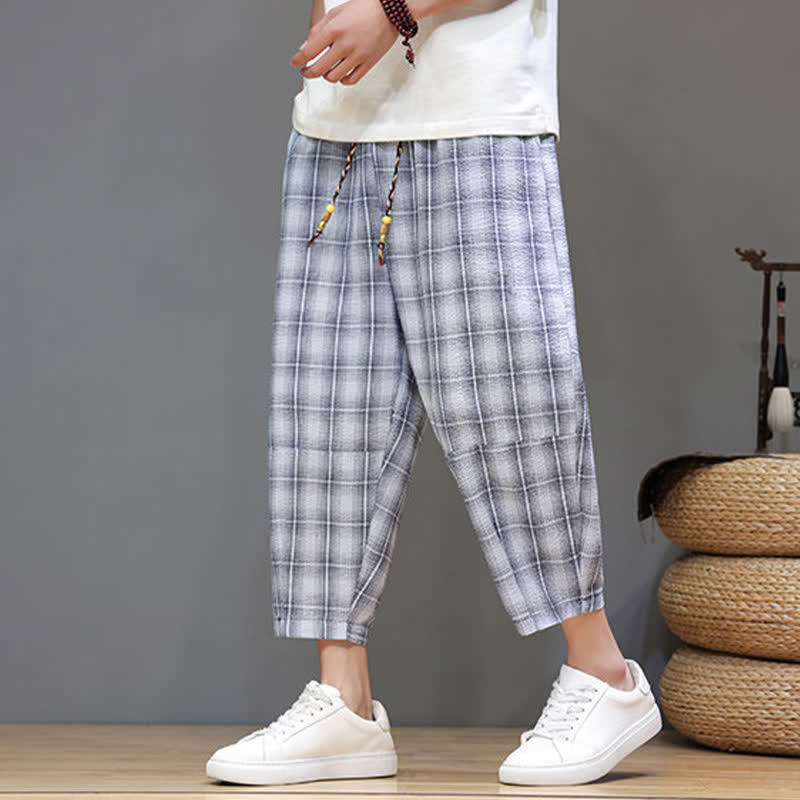 Buddha Stones Pantalon Capri à carreaux décontracté d'été avec cordon de serrage et poches pour homme - image 5