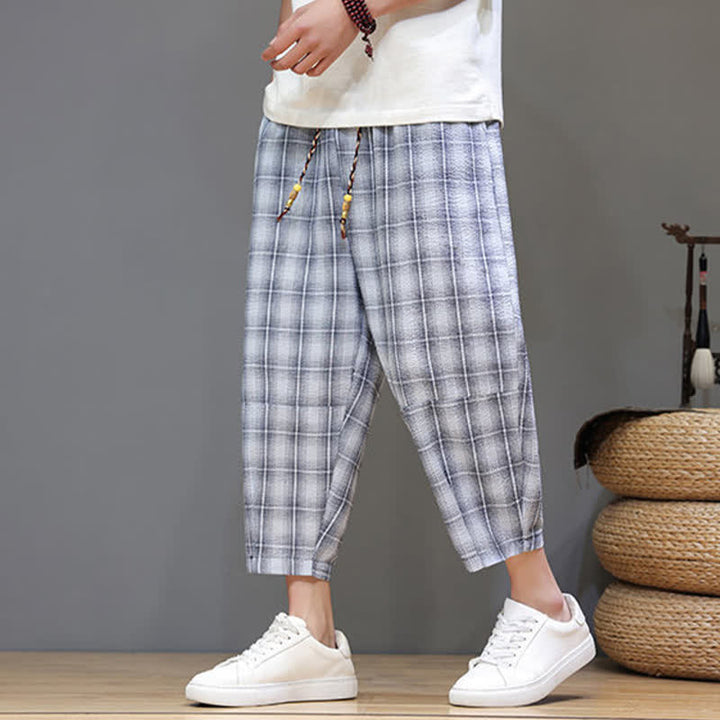 Buddha Stones Pantalon Capri à carreaux décontracté d'été avec cordon de serrage et poches pour homme - image 5
