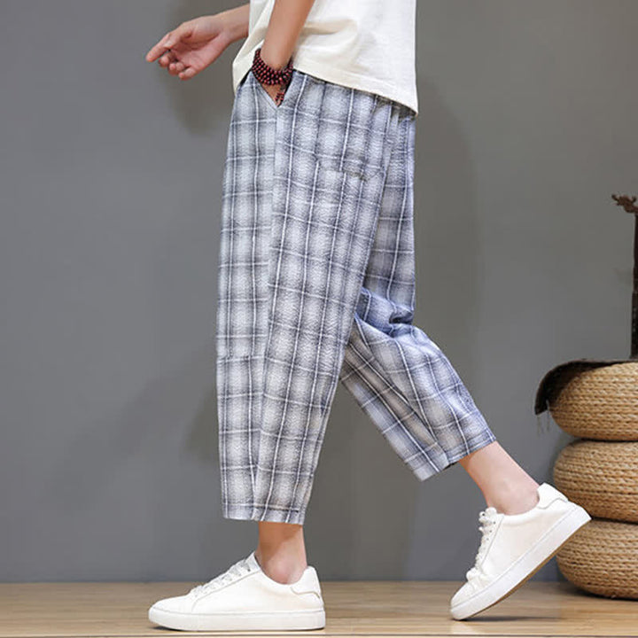 Buddha Stones Pantalon Capri à carreaux décontracté d'été avec cordon de serrage et poches pour homme - image 4