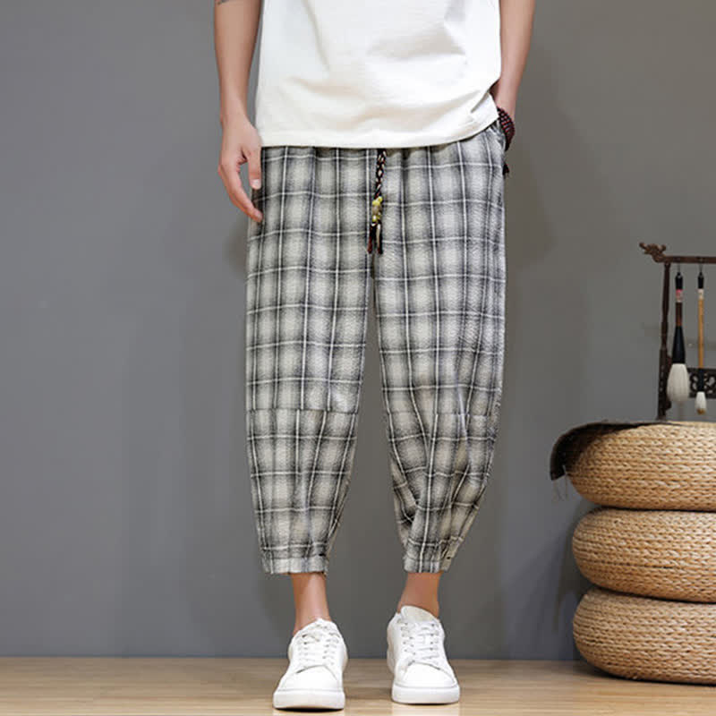 Buddha Stones Pantalon Capri à carreaux décontracté d'été avec cordon de serrage et poches pour homme - image 22